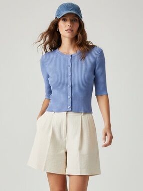 Double Zero Boutique Button Down Ribbed Knit Half Sleeve Crewneck Cardigan Top M